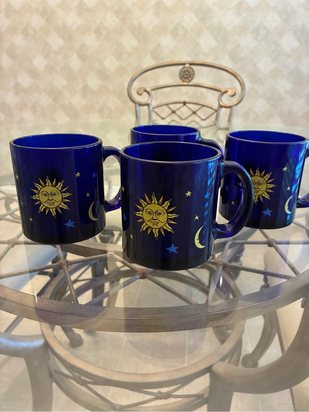 Rare Libbey Vintage Celestial Sun, Moon & Stars Cobalt Blue Glass Mugs -Set of 4